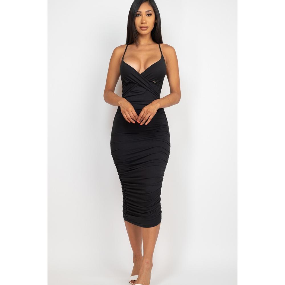 Cross Wrap Ruched Midi Dress - Picture 1 of 4